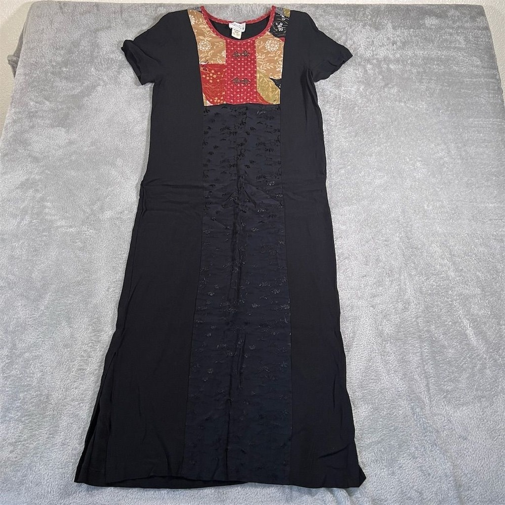 VTG Naturally Yours Dress Petite Hawaii Black Floral Patchwork Black Asian Maxi